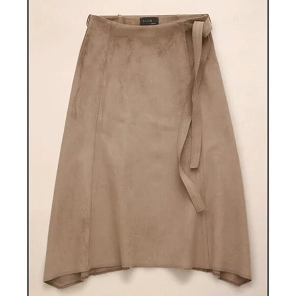 Aritzia Babaton Cecily Faux Suede  A-Line Midi Skirt Sz 4 Taupe Self-tie belt - Picture 1 of 13